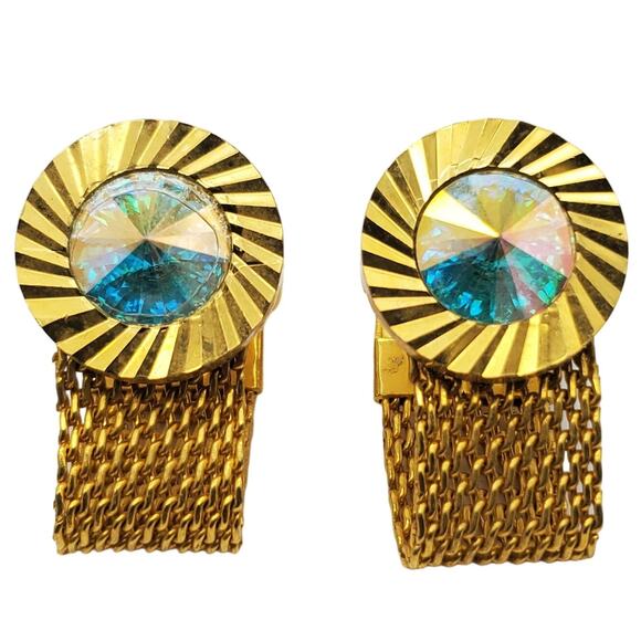 Retro Gold Tone Mesh Wrap Cufflinks Rivoli AB Glass Cuff Links Mens Accessories - Picture 1 of 6